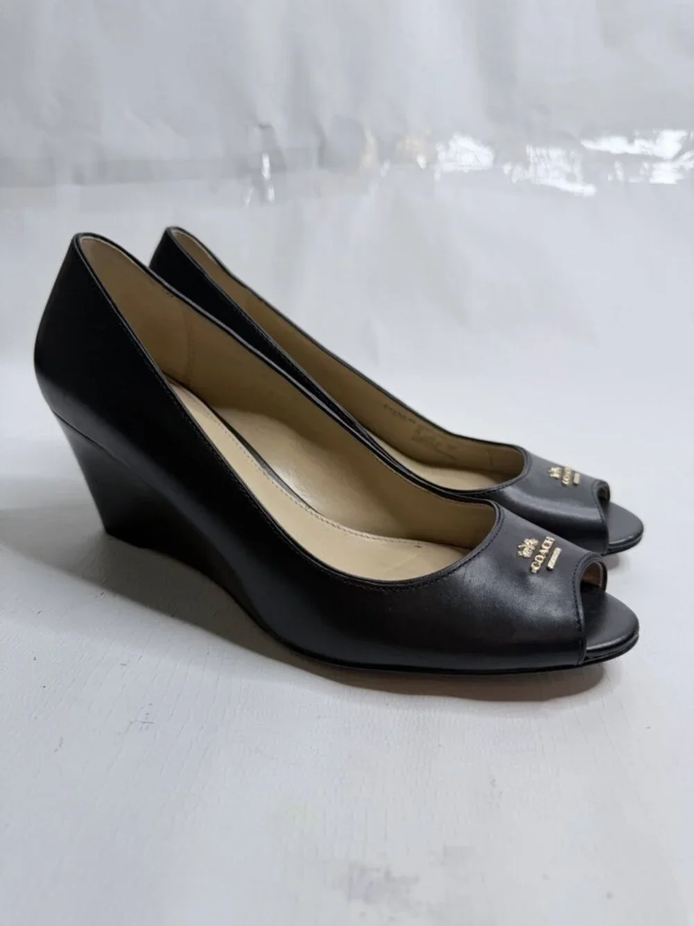 Coach Black Leather Peep Toe Wedge Heels Gold Badge Women’s Sz 7B